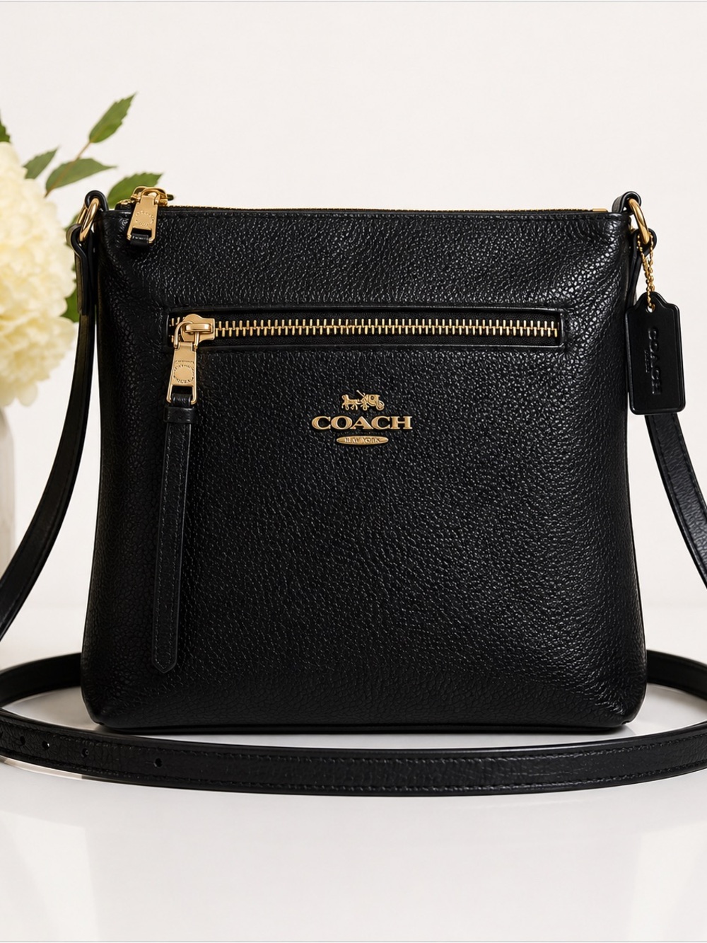 Coach F28963 Black Pebbled Leather Crossbody Bag Gold Hardware